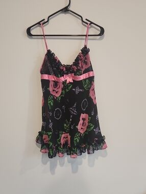 Betsey Johnson Black Pink Floral Satin Slip Dress
